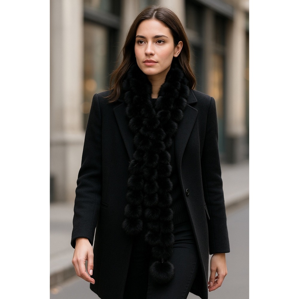 Real‎ Mink Fur Pom Pom Scarf Black Genuine Knit Wrap Stole Winter Luxury